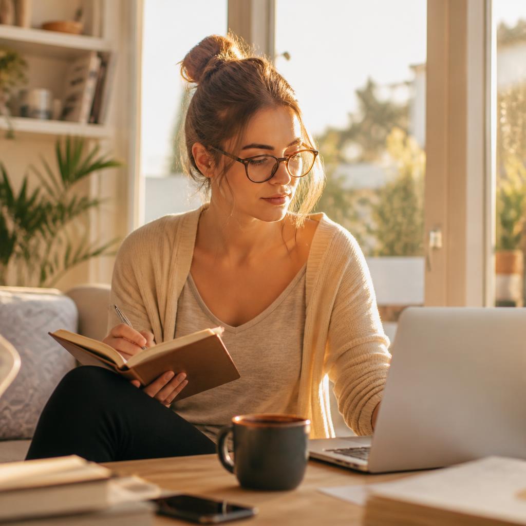 A busy woman organizing her day with a notebook and laptop